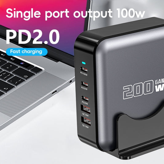 200W GaN 3 Type-C 2 USB Multi Ports Sharing Desktop Charger, Plug:US Plug(Grey) - Multifunction Charger by buy2fix | Online Shopping UK | buy2fix