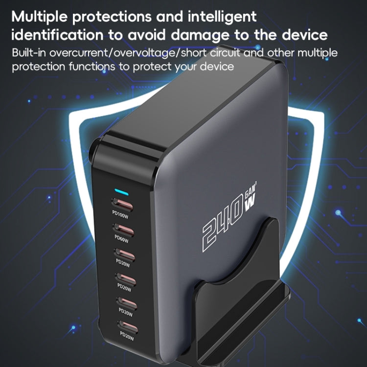 240W GaN 6-Ports USB-C / Type-C Multi Sharing Desktop Charger, Plug:UK Plug(Grey) - Multifunction Charger by buy2fix | Online Shopping UK | buy2fix