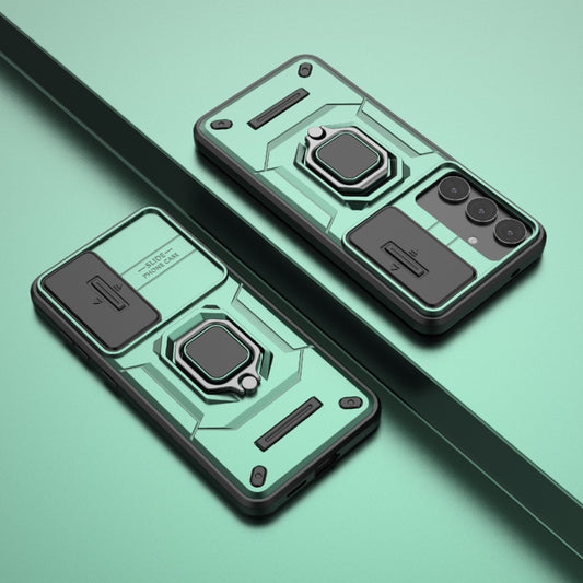 For Samsung Galaxy S25+ 5G Sliding Camshield TPU + PC Shockproof Phone Case with Holder(Green) by buy2fix