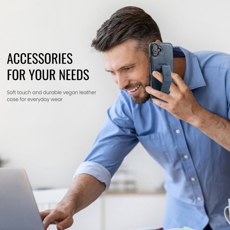 For iPhone 16 Fierre Shann Oil Wax Cow Leather Holder Back Phone Case(Blue) by FIERRE SHANN