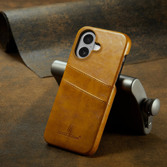 For iPhone 16 Plus Fierre Shann Retro Oil Wax Texture Card Slots PU Leather Phone Case(Yellow) by FIERRE SHANN