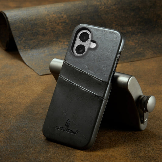 For iPhone 16 Fierre Shann Retro Oil Wax Texture Card Slots PU Leather Phone Case(Grey) by FIERRE SHANN