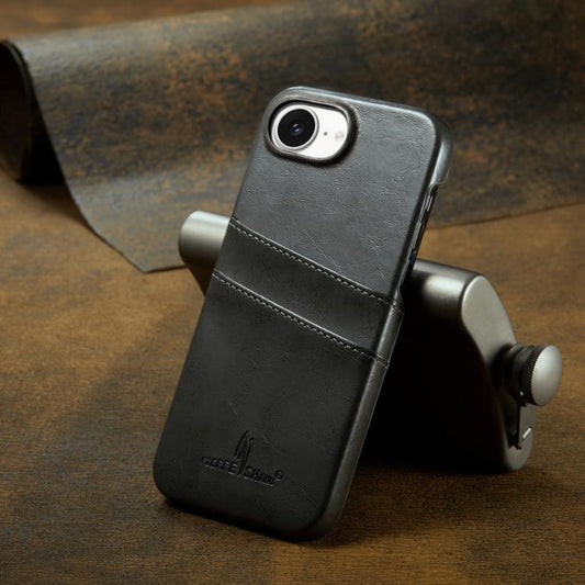 For iPhone 16e Fierre Shann Retro Oil Wax Texture Card Slots PU Leather Phone Case(Grey) - iPhone 16e Cases by FIERRE SHANN | Online Shopping UK | buy2fix