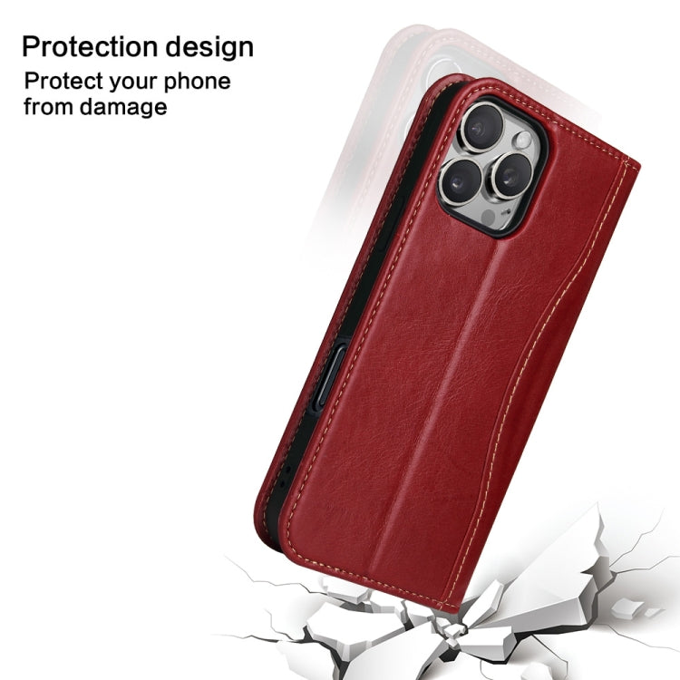 For iPhone 16 Pro Fierre Shann Cowhide Leather Flip Leather Phone Case(Red) by FIERRE SHANN