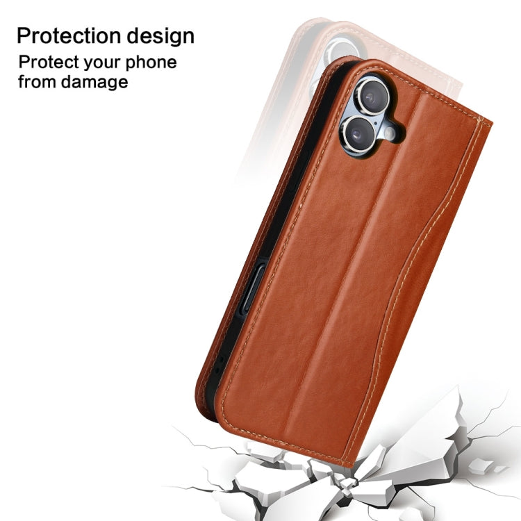 For iPhone 16 Plus Fierre Shann Cowhide Leather Flip Leather Phone Case(Brown) by FIERRE SHANN