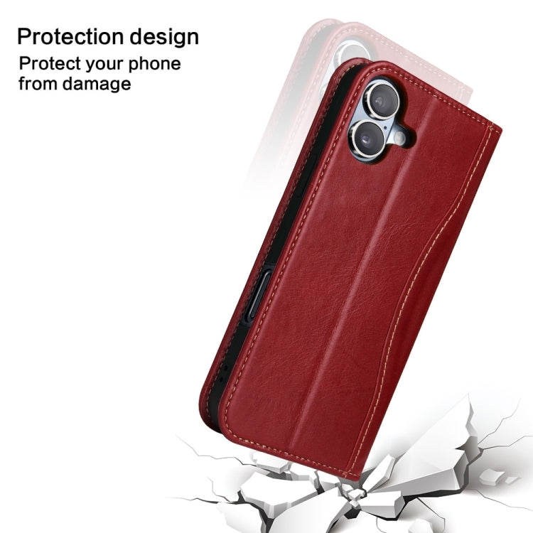 For iPhone 16 Fierre Shann Cowhide Leather Flip Leather Phone Case(Red) by FIERRE SHANN