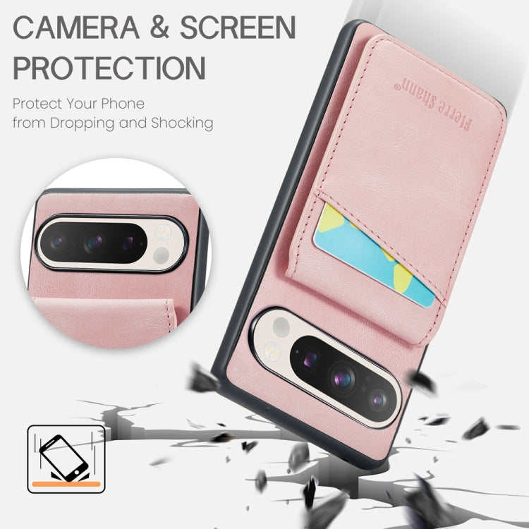 For Google Pixel 9 Pro XL Fierre Shann Crazy Horse Card Holder Back Cover PU Phone Case(Pink) by FIERRE SHANN