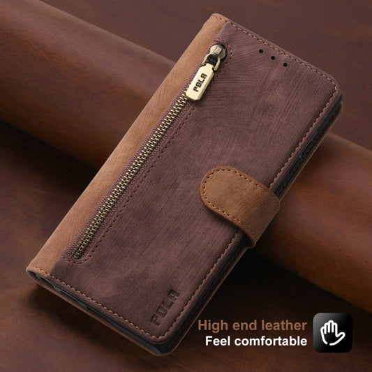 For iPhone 15 POLA Dual-color Zipper Wallet RFID Leather Phone Case(Burgundy Brown) - iPhone 15 Cases by POLA | Online Shopping UK | buy2fix
