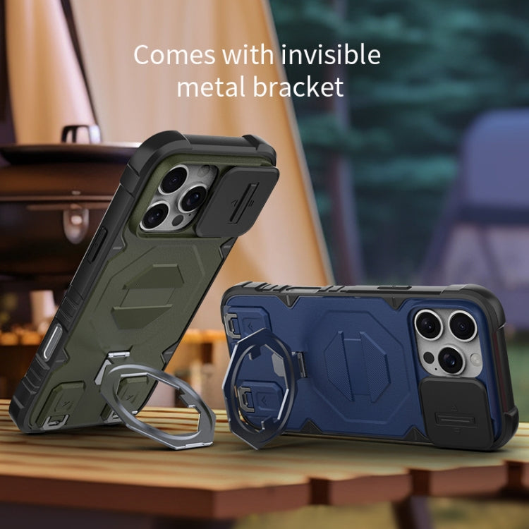For iPhone 16 Pro Max Camera Shield Armor MagSafe Holder Phone Case with Strap(Dark Green) by buy2fix