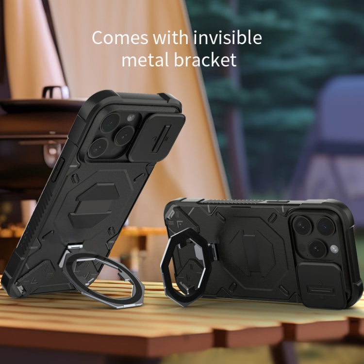 For iPhone 15 Pro Camera Shield Armor MagSafe Holder Phone Case with Strap(Black) by buy2fix