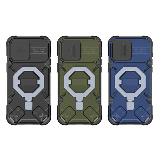 For iPhone 15 Camera Shield Armor MagSafe Holder Phone Case with Strap(Dark Green) by buy2fix