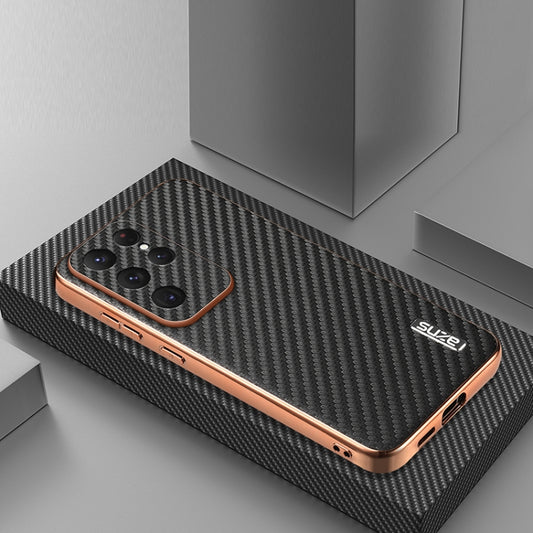 For Samsung Galaxy S25 Ultra 5G AZNS Electroplated Edge Carbon Fiber Texture Phone Case(Black) by AZNS