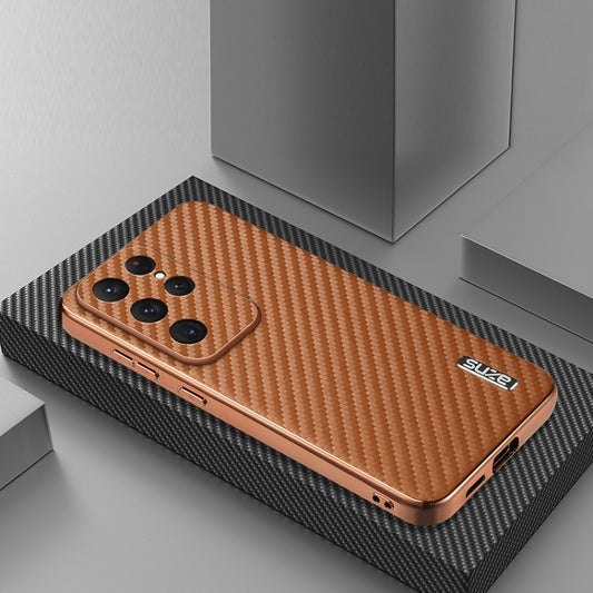 For Samsung Galaxy S25 Ultra 5G AZNS Electroplated Edge Carbon Fiber Texture Phone Case(Brown) by AZNS