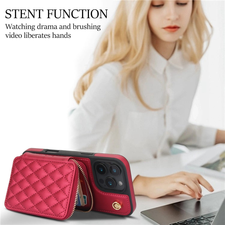 For iPhone 16 Pro Max AwQuer Crossbody Zipper Wallet Rhombic Leather Back Phone Case(Red) by Awquer