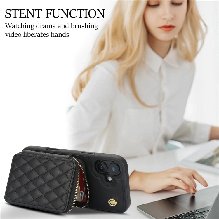 For iPhone 16 AwQuer Crossbody Zipper Wallet Rhombic Leather Back Phone Case(Black) by Awquer