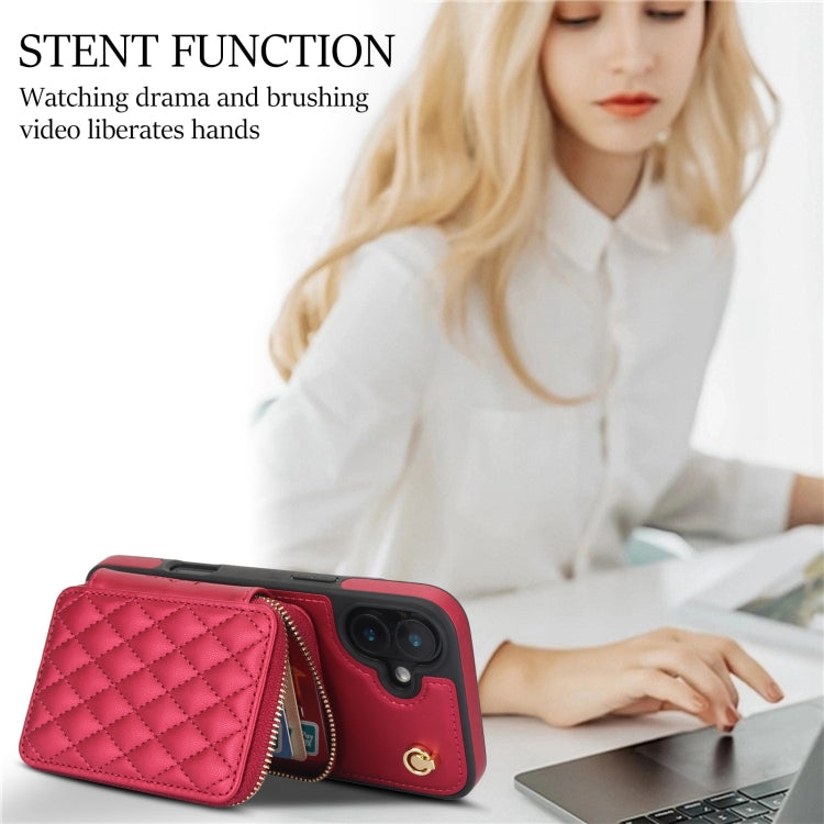 For iPhone 16 AwQuer Crossbody Zipper Wallet Rhombic Leather Back Phone Case(Red) by Awquer