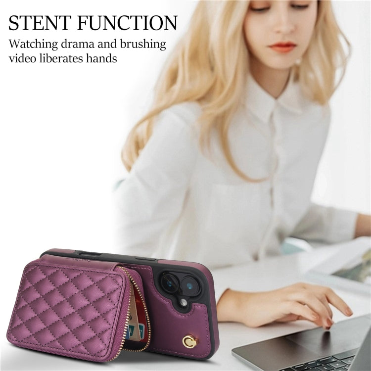 For iPhone 16 AwQuer Crossbody Zipper Wallet Rhombic Leather Back Phone Case(Dark Purple) by Awquer