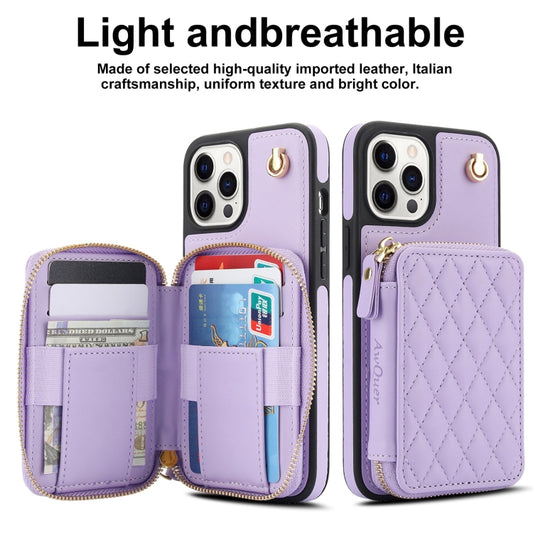For iPhone 15 Pro Max AwQuer Crossbody Zipper Wallet Rhombic Leather Back Phone Case(Purple) - iPhone 15 Pro Max Cases by Awquer | Online Shopping UK | buy2fix