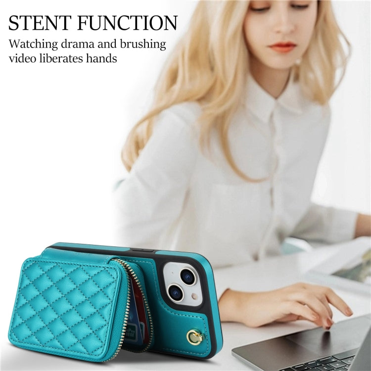 For iPhone 15 Plus AwQuer Crossbody Zipper Wallet Rhombic Leather Back Phone Case(Green) - iPhone 15 Plus Cases by Awquer | Online Shopping UK | buy2fix