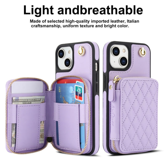 For iPhone 15 Plus AwQuer Crossbody Zipper Wallet Rhombic Leather Back Phone Case(Purple) - iPhone 15 Plus Cases by Awquer | Online Shopping UK | buy2fix
