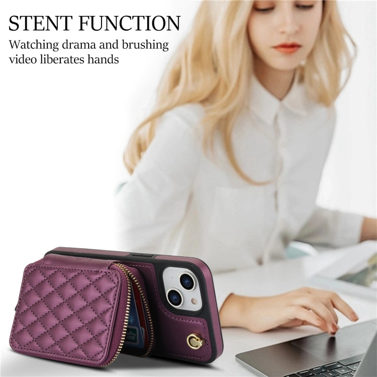 For iPhone 14 Plus AwQuer Crossbody Zipper Wallet Rhombic Leather Back Phone Case(Dark Purple) - iPhone 14 Plus Cases by Awquer | Online Shopping UK | buy2fix