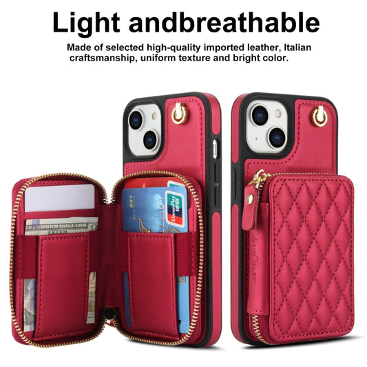 For iPhone 14 / 13 AwQuer Crossbody Zipper Wallet Rhombic Leather Back Phone Case(Red) - iPhone 14 Cases by Awquer | Online Shopping UK | buy2fix