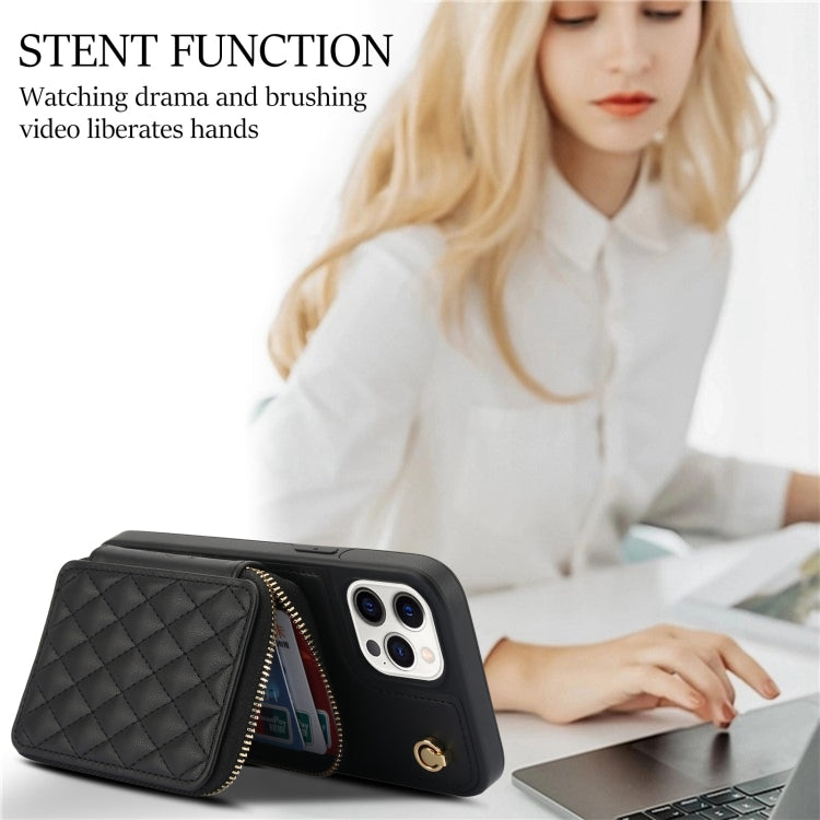 For iPhone 13 Pro Max AwQuer Crossbody Zipper Wallet Rhombic Leather Back Phone Case(Black) - iPhone 13 Pro Max Cases by Awquer | Online Shopping UK | buy2fix