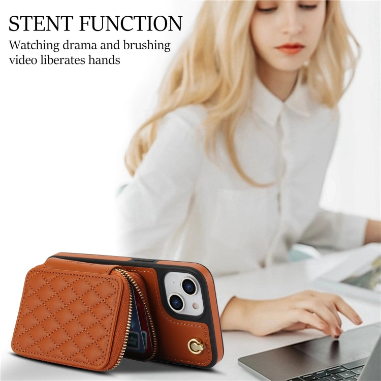 For iPhone 11 AwQuer Crossbody Zipper Wallet Rhombic Leather Back Phone Case(Brown) - iPhone 11 Cases by Awquer | Online Shopping UK | buy2fix