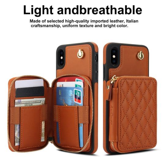 For iPhone X / XS AwQuer Crossbody Zipper Wallet Rhombic Leather Back Phone Case(Brown) - More iPhone Cases by Awquer | Online Shopping UK | buy2fix