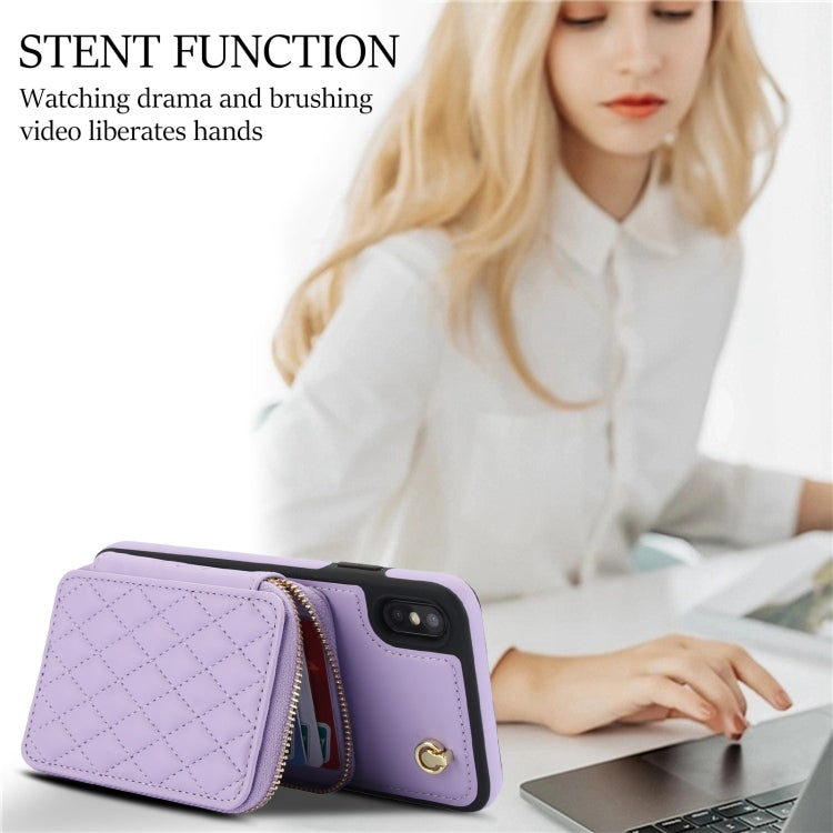 For iPhone XR AwQuer Crossbody Zipper Wallet Rhombic Leather Back Phone Case(Purple) - More iPhone Cases by Awquer | Online Shopping UK | buy2fix