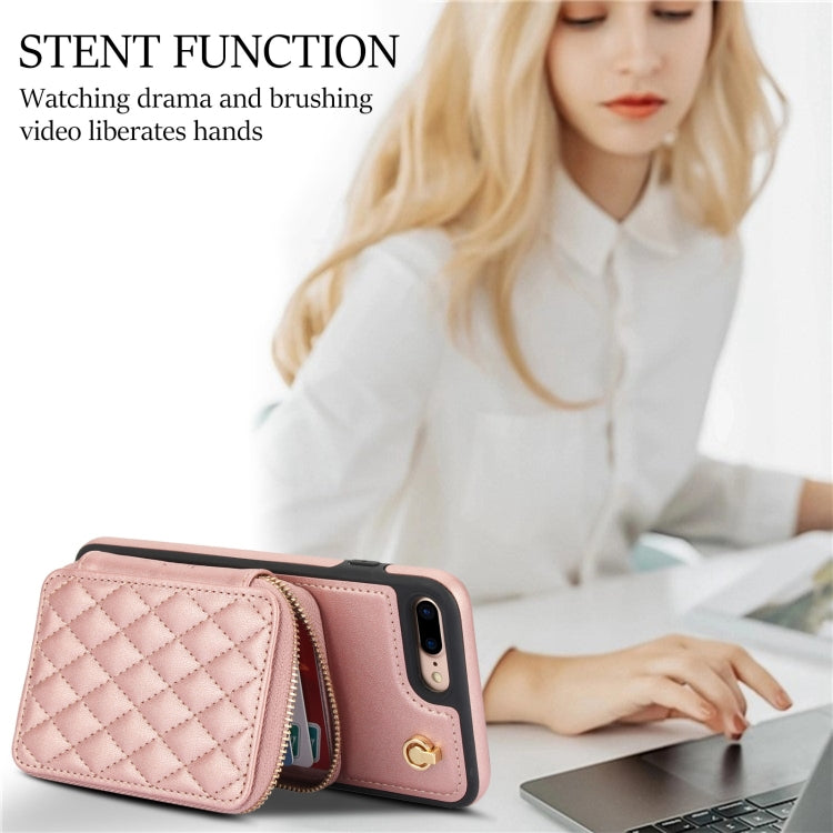 For iPhone 7 Plus / 8 Plus AwQuer Crossbody Zipper Wallet Rhombic Leather Back Phone Case(Rose Gold) - More iPhone Cases by Awquer | Online Shopping UK | buy2fix