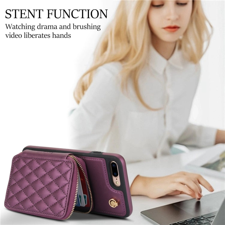 For iPhone 7 Plus / 8 Plus AwQuer Crossbody Zipper Wallet Rhombic Leather Back Phone Case(Dark Purple) - More iPhone Cases by Awquer | Online Shopping UK | buy2fix