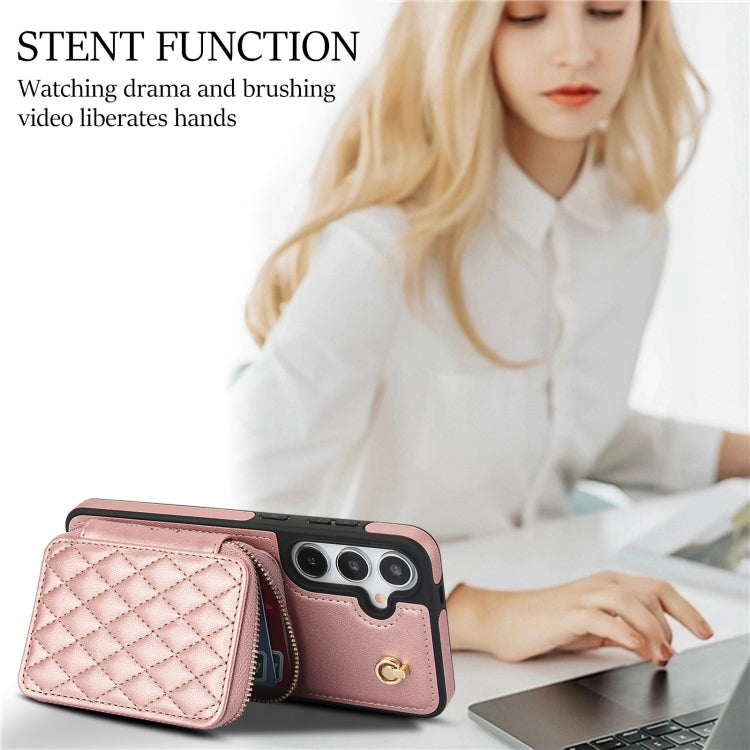 For Samsung Galaxy S24 5G AwQuer Crossbody Zipper Wallet Rhombic Leather Back Phone Case(Rose Gold) - by Awquer | Online Shopping UK | buy2fix