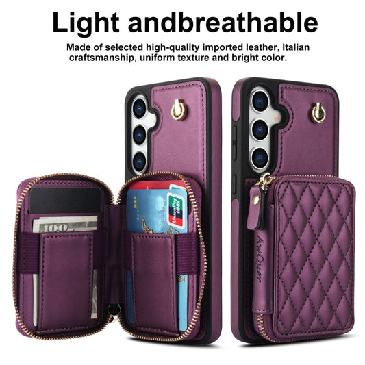 For Samsung Galaxy S24 5G AwQuer Crossbody Zipper Wallet Rhombic Leather Back Phone Case(Dark Purple) - by Awquer | Online Shopping UK | buy2fix