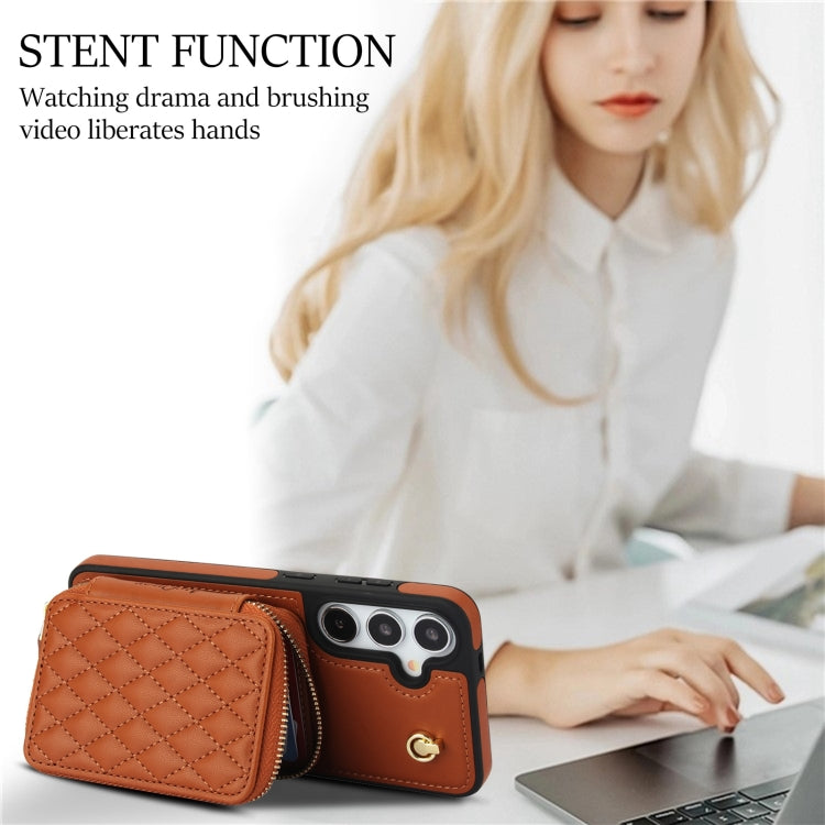 For Samsung Galaxy S24 5G AwQuer Crossbody Zipper Wallet Rhombic Leather Back Phone Case(Brown) - by Awquer | Online Shopping UK | buy2fix