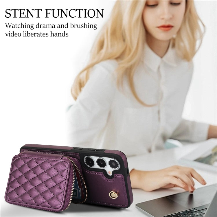 For Samsung Galaxy S24+ 5G AwQuer Crossbody Zipper Wallet Rhombic Leather Back Phone Case(Dark Purple) - by Awquer | Online Shopping UK | buy2fix