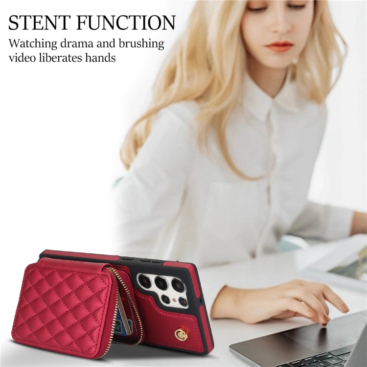 For Samsung Galaxy S23 Ultra 5G AwQuer Crossbody Zipper Wallet Rhombic Leather Back Phone Case(Red) - Galaxy S23 Ultra 5G Cases by Awquer | Online Shopping UK | buy2fix