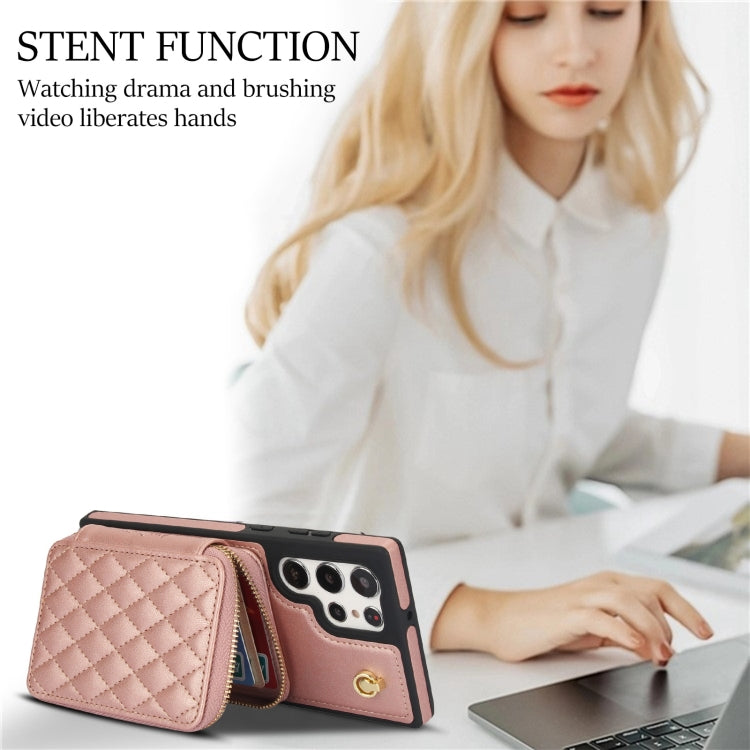 For Samsung Galaxy S23 Ultra 5G AwQuer Crossbody Zipper Wallet Rhombic Leather Back Phone Case(Rose Gold) - Galaxy S23 Ultra 5G Cases by Awquer | Online Shopping UK | buy2fix