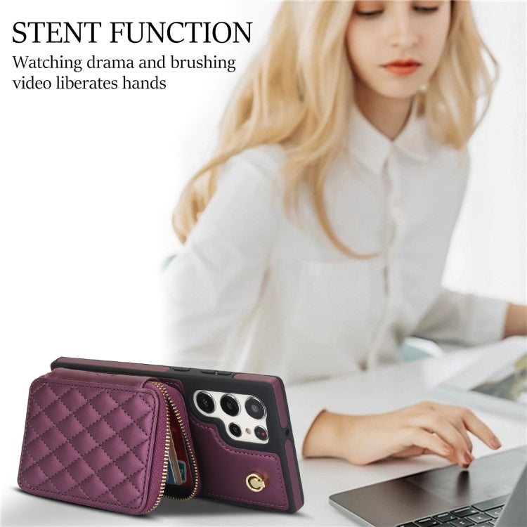 For Samsung Galaxy S23 Ultra 5G AwQuer Crossbody Zipper Wallet Rhombic Leather Back Phone Case(Dark Purple) - Galaxy S23 Ultra 5G Cases by Awquer | Online Shopping UK | buy2fix