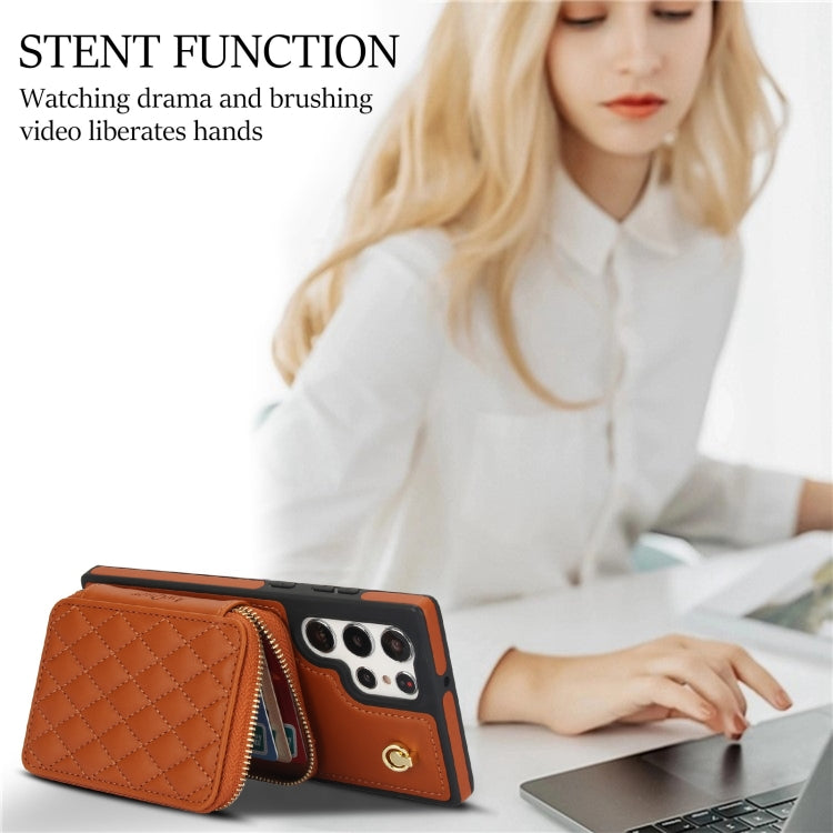 For Samsung Galaxy S22 Ultra 5G AwQuer Crossbody Zipper Wallet Rhombic Leather Back Phone Case(Brown) - Galaxy S22 Ultra 5G Cases by Awquer | Online Shopping UK | buy2fix