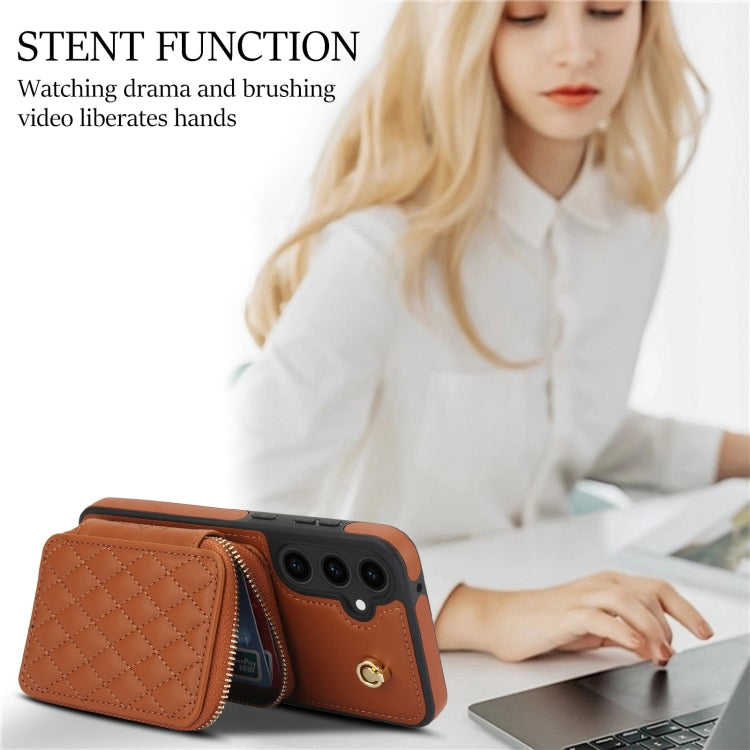 For Samsung Galaxy S23 FE 5G AwQuer Crossbody Zipper Wallet Rhombic Leather Back Phone Case(Brown) - Galaxy S23 FE 5G Cases by Awquer | Online Shopping UK | buy2fix