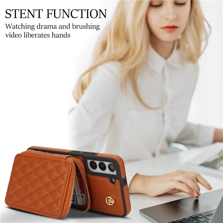 For Samsung Galaxy S22+ 5G AwQuer Crossbody Zipper Wallet Rhombic Leather Back Phone Case(Brown) - Galaxy S22+ 5G Cases by Awquer | Online Shopping UK | buy2fix