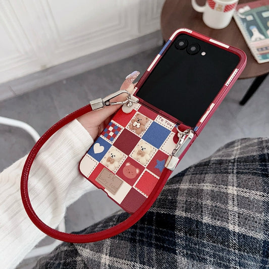 For Motorola Razr 50 Lattice Little Bear Pattern Full Coverage Phone Case with Wrist Strap(Red) by buy2fix