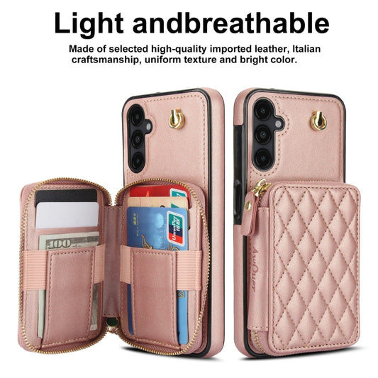 For Samsung Galaxy A14 4G / 5G AwQuer Crossbody Zipper Wallet Rhombic Leather Back Phone Case(Rose Gold) - Galaxy Phone Cases by Awquer | Online Shopping UK | buy2fix