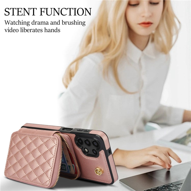 For Samsung Galaxy A13 4G / 5G AwQuer Crossbody Zipper Wallet Rhombic Leather Back Phone Case(Rose Gold) - Galaxy Phone Cases by Awquer | Online Shopping UK | buy2fix