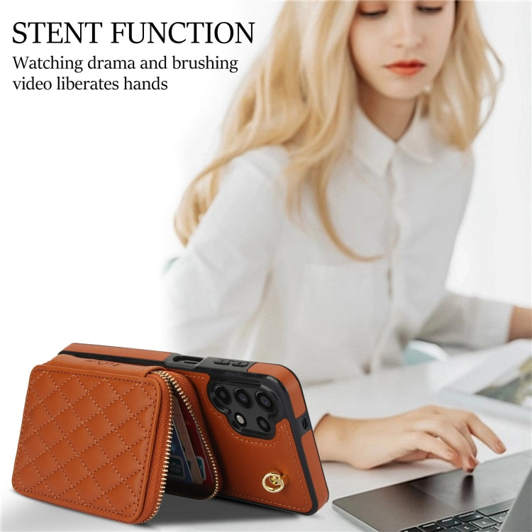 For Samsung Galaxy A13 4G / 5G AwQuer Crossbody Zipper Wallet Rhombic Leather Back Phone Case(Brown) - Galaxy Phone Cases by Awquer | Online Shopping UK | buy2fix