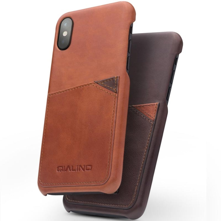 For iPhone X / XS QIALINO Shockproof Cowhide Leather Protective Case with Card Slot(Light Brown) by QIALINO