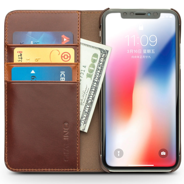 For iPhone X / XS QIALINO Crazy Horse Business Horizontal Flip Leather Case with Holder & Card Slots, Style:Without Buckle(Brown) by QIALINO