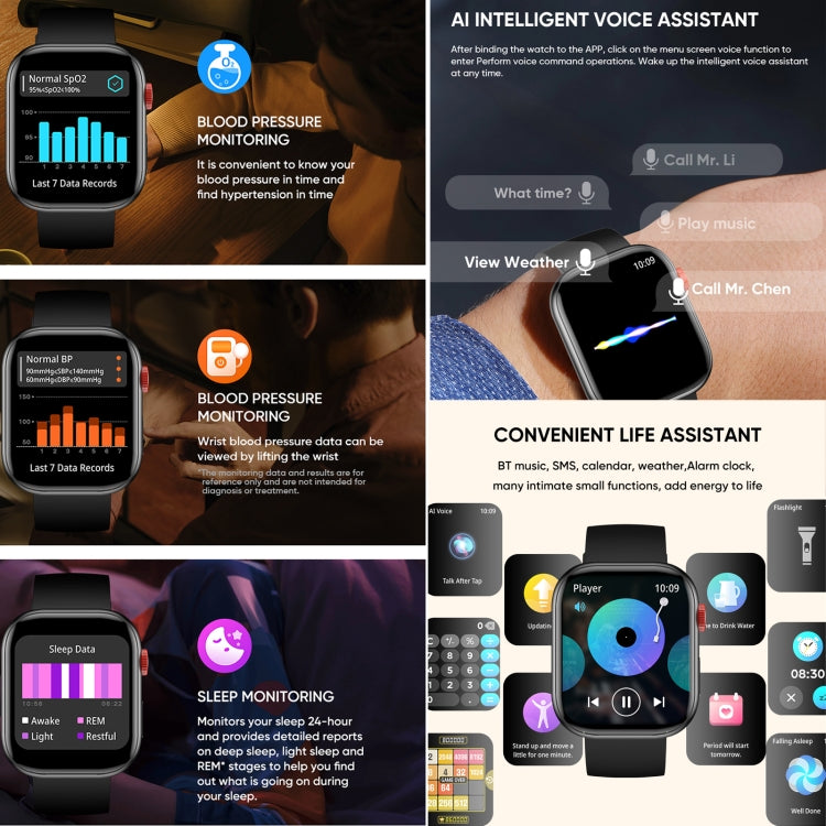 LC88 2 inch Square Screen BT Call Smart Watch, Heart Rate / Blood Pressure / Blood Oxygen / Sleep Monitoring(Black) by buy2fix