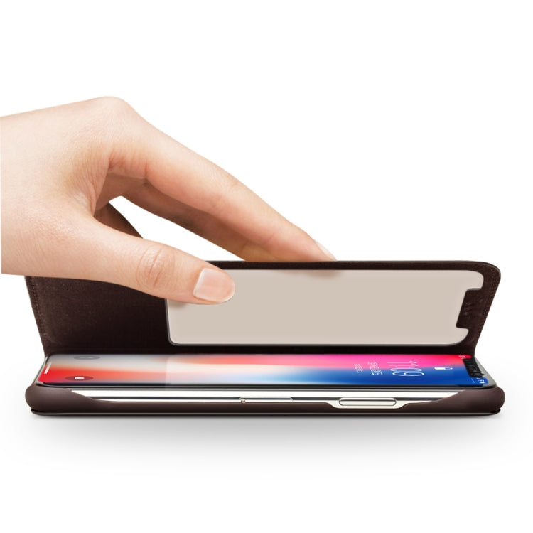 For iPhone X / XS QIALINO Grid Texture Horizontal Flip Leather Case with Smart View Window & Sleep / Wake-up Function(Brown) by QIALINO